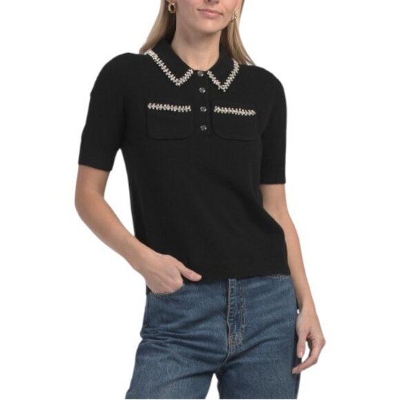 ELIE TAHARI Noir Wool Blend Elbow Sleeve Half Button Down Top